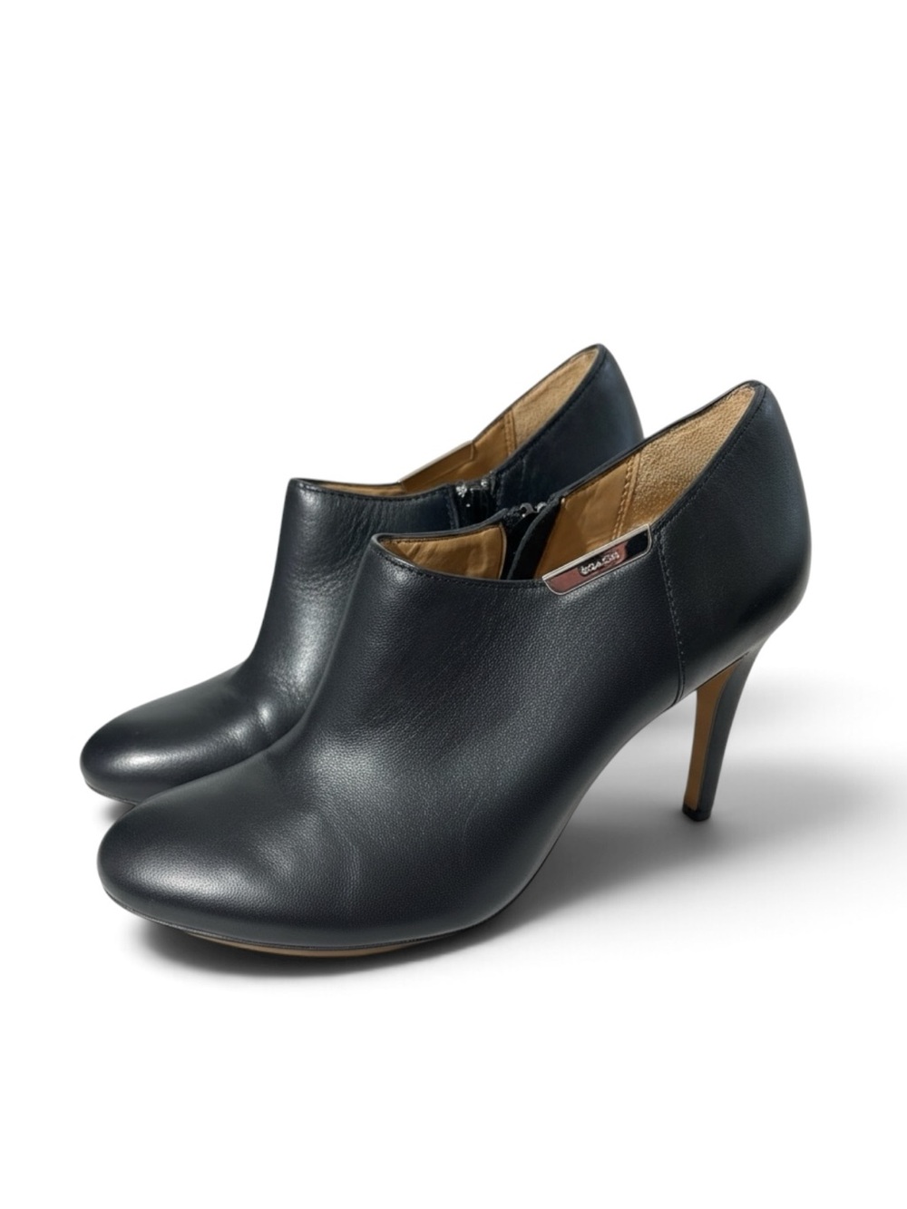 Coach Seneca Black Leather Stiletto 4” Heel Ankle Boots Booties Side Zip Sz 6.5